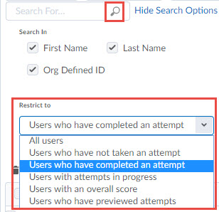 The restrict to option to search for learner attempts