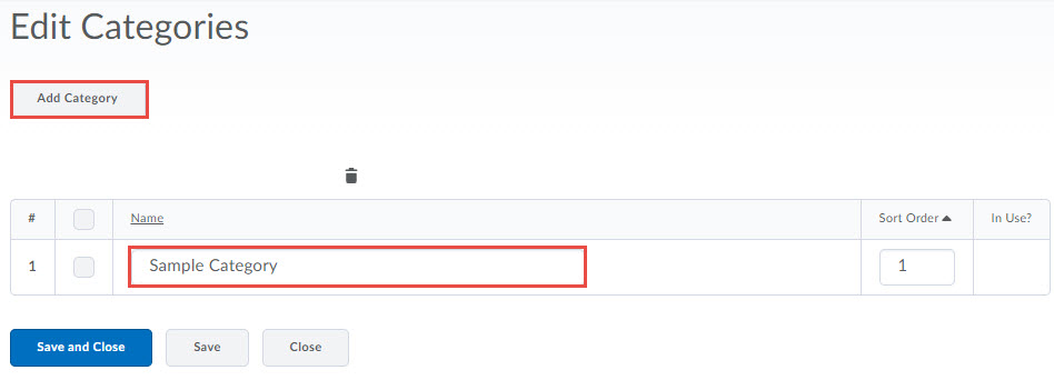 The edit categories page with a category selected and the trashcan icon highlighted