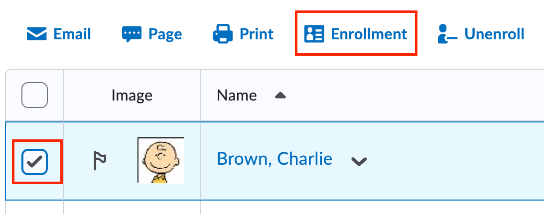 The classlist with the checkbox selected for the student and the enrollment button highlighted