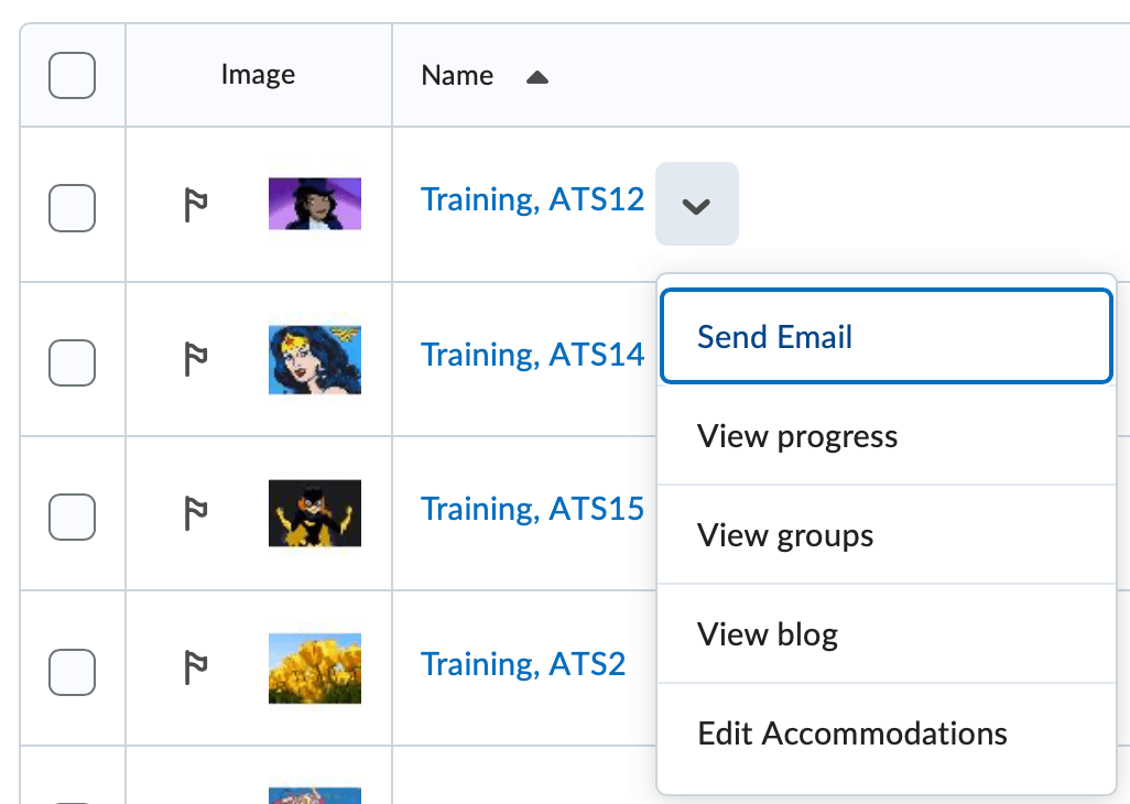 The context menu of a student in the course