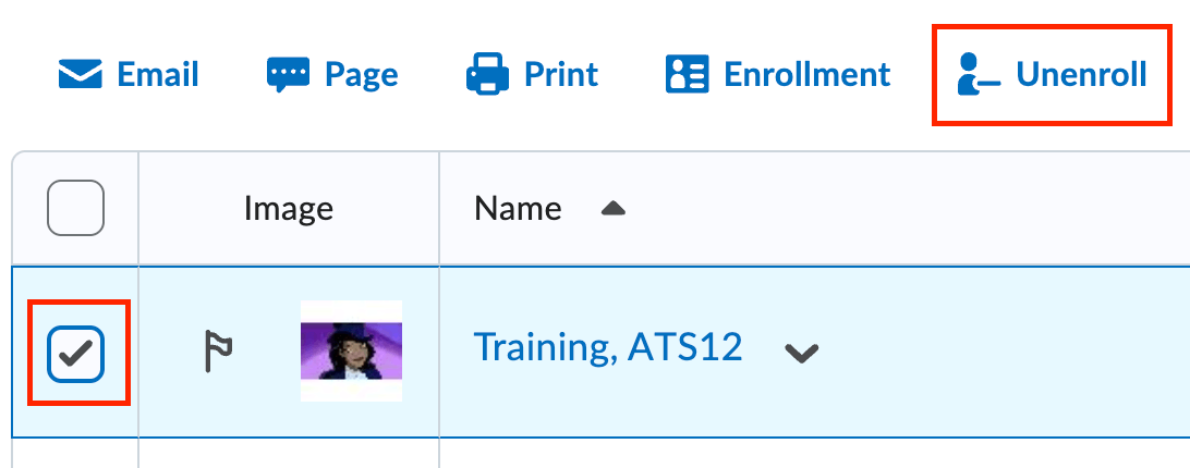 The classlist with the checkbox selected for the student and the unenroll button highlighted