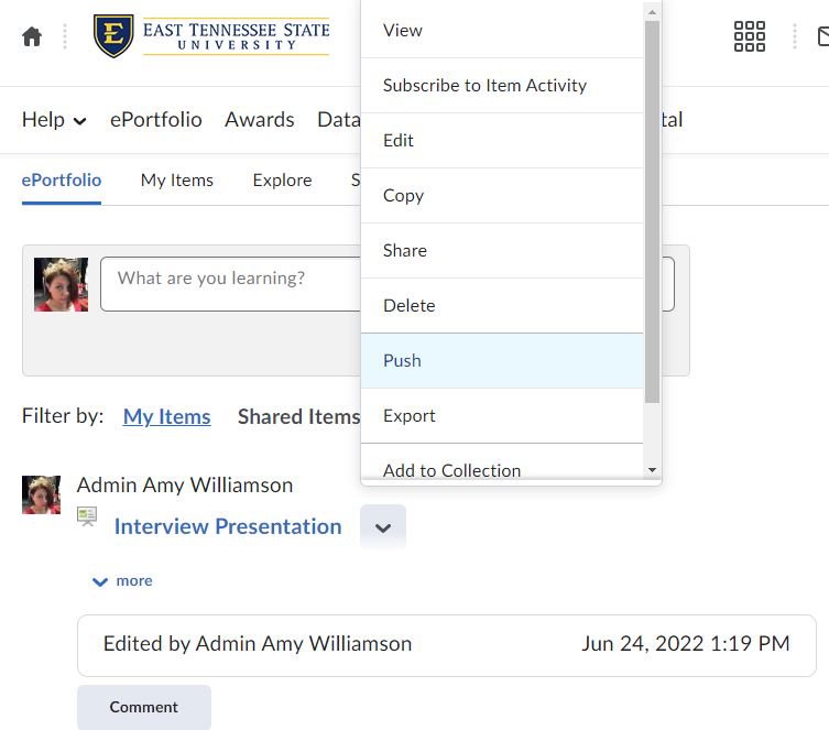 The My Items page of the ePortfolio with the More Actions button expanded and the Go To Import/Export page option circled.