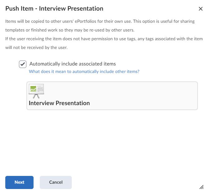The Push button on the Import/Export ePortfolio Content page