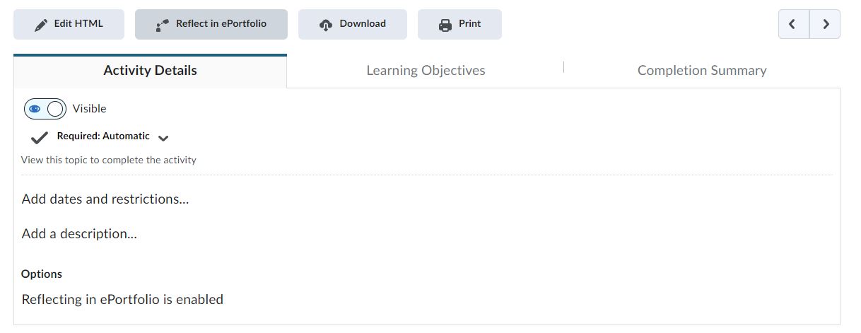 The Activity Details section of a content topic.