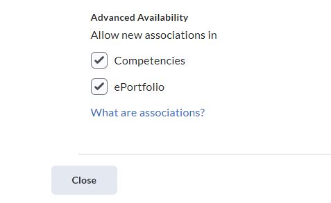 The Advanced Availability section of the Rubric Properties page with ePortfolio option marked.