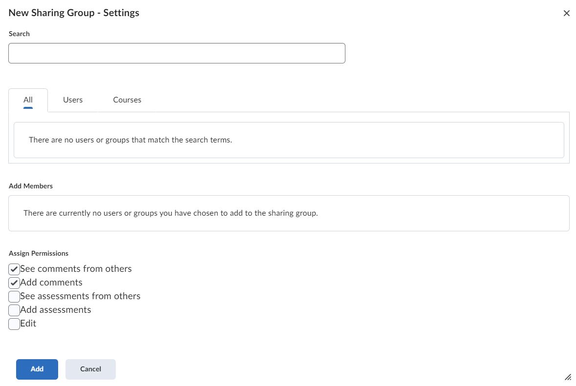 The Add Users to Sharing Groups page with the Permissions options available.