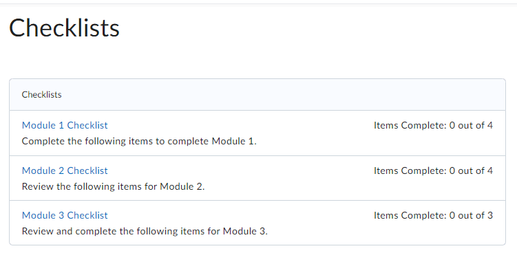 Example of the checklist page under course tools