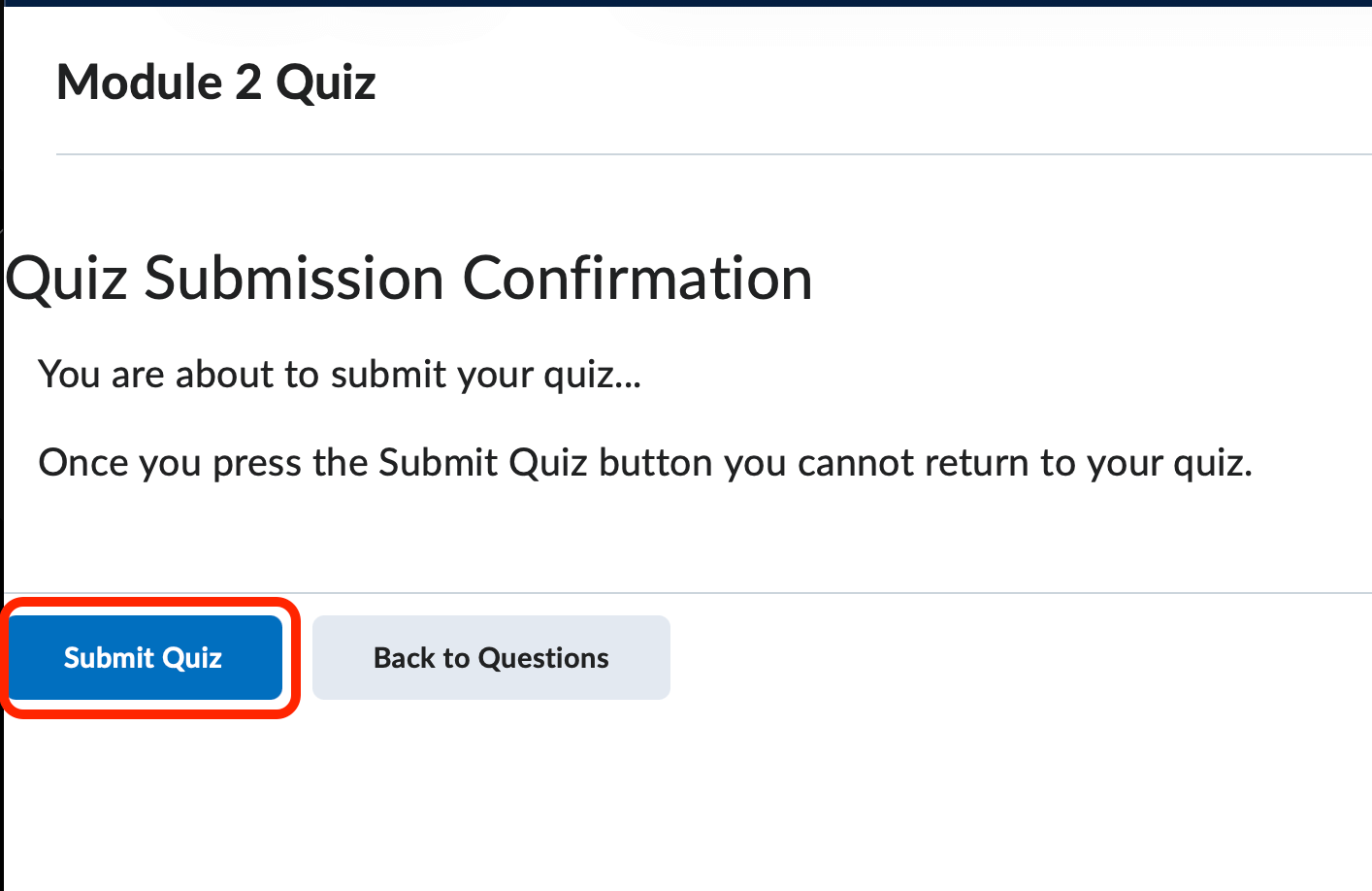 The quiz submission confirmation page