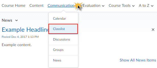 The classlist selection under communication on the course navbar