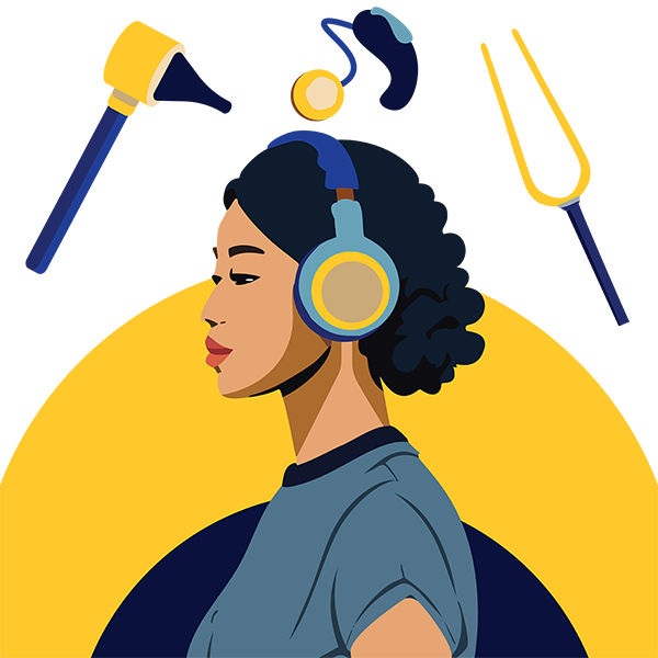 Illustration of a person wearing headphones. Above their head are a cochlear implant, otoscope, and stethoscope