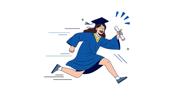 Illustration of a graduate running with a diploma in hand