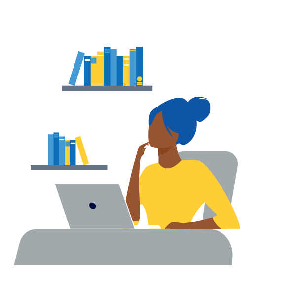 Illustration of a student sitting at a desk looking at a laptop