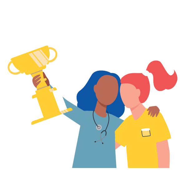 Illustration of two nurseing students side hugging and holding a trophy