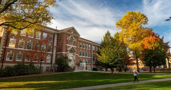 Outside of Nicks Hall in the fall