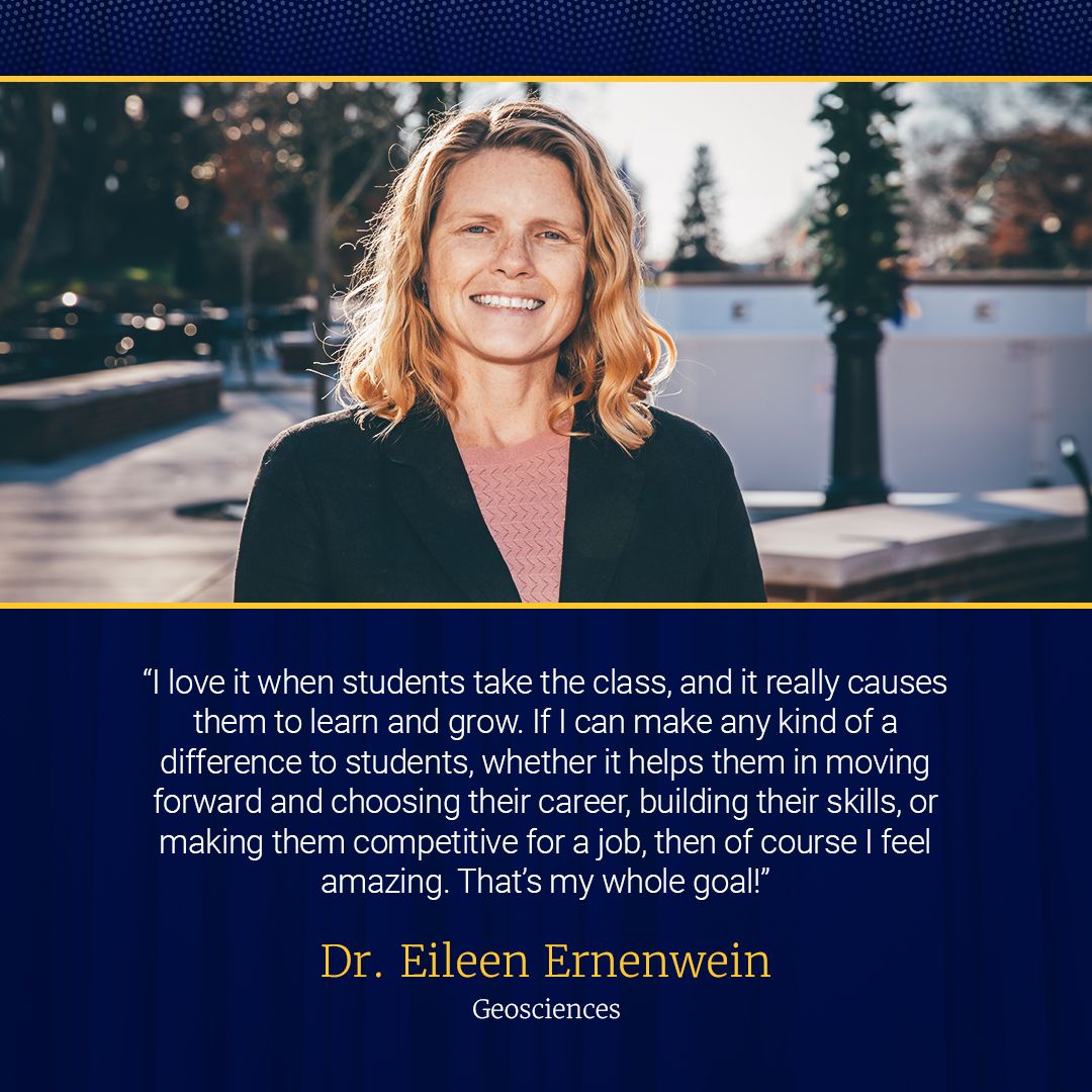 Dr. Eileen Ernenwein standing in the plaza. Her quote: 