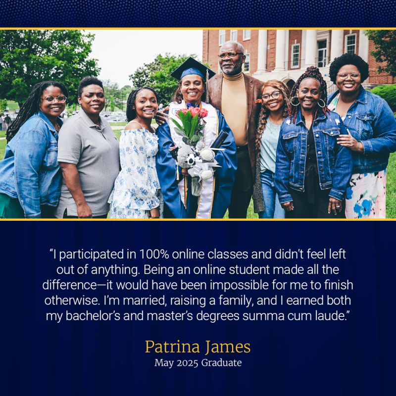 patrina james and 7 other people stand outside Warf-Pickel Hall and celebrate Patrina's graduation. Her quote: